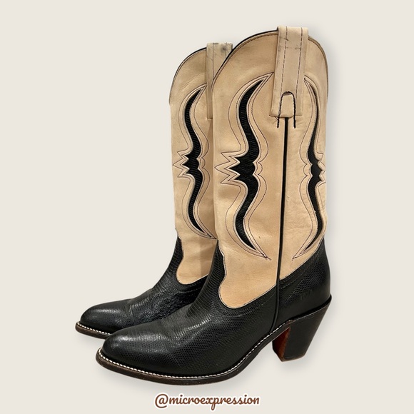 1980s Frye Vintage Black Cream Lizard Cow Leather Pull On Western Cowboy Boot